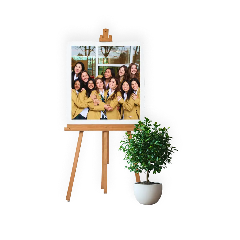 Easle with image of students